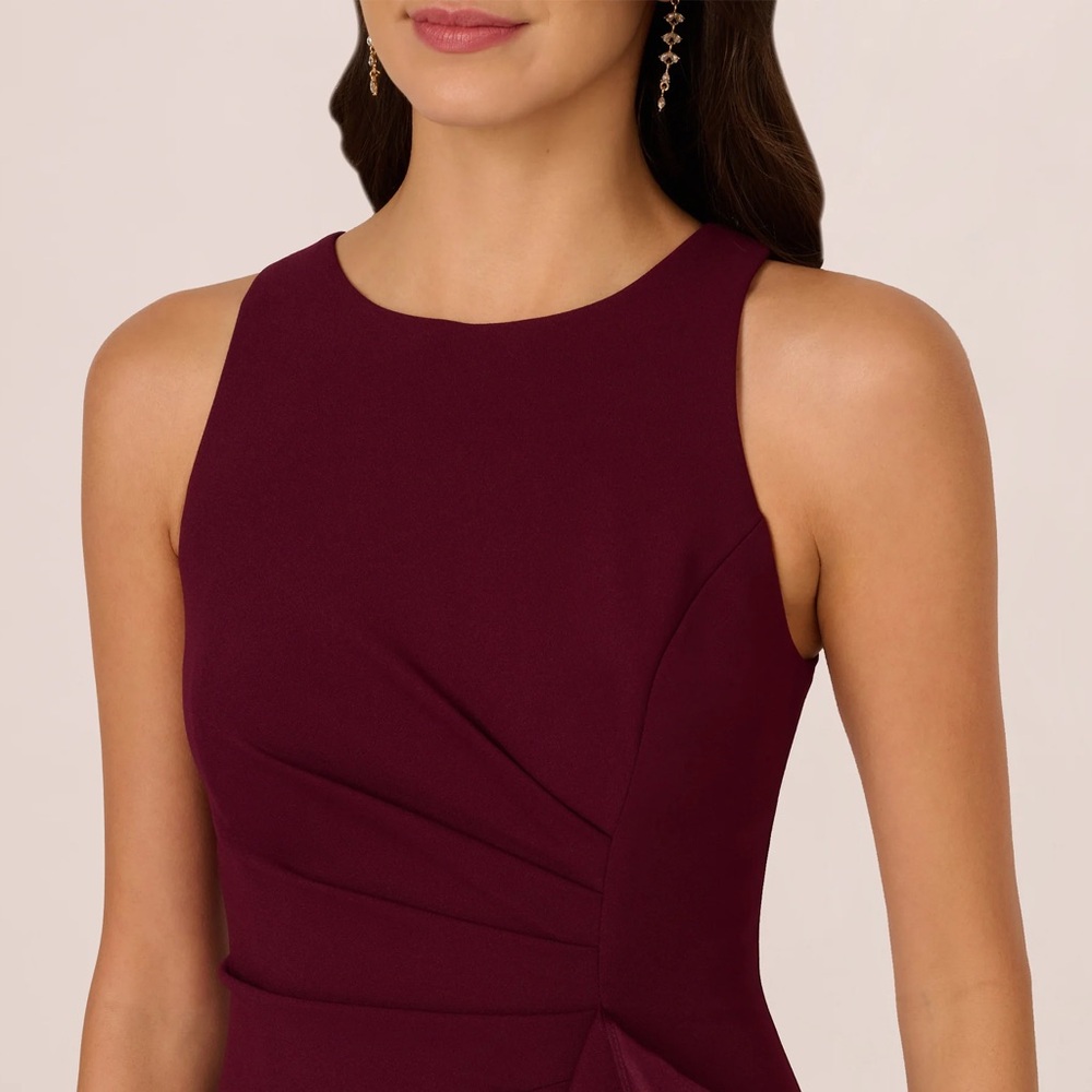 Adrianna Papell- High low crepe Halter Gown with organza draping